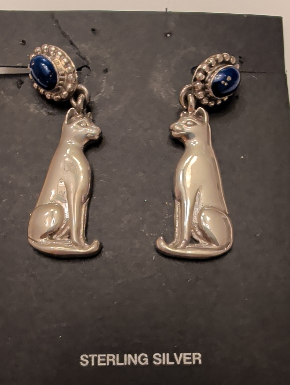 Sterling Silver Cat Dangle Earrings with Blue Stone